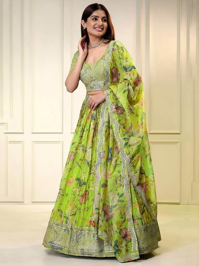 Charming Neon Green Sequins Organza Function Wear Lehenga Choli